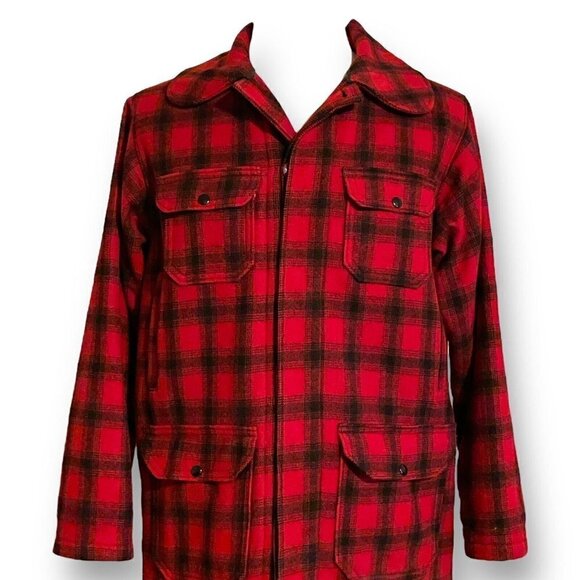 Woolrich Vintage 1960s Mens Mackinaw Hunting Jacket Sz 40 L Long Red Plaid Wool - Picture 2 of 9